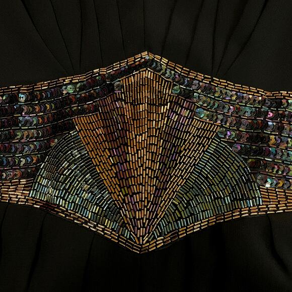 Vintage Black Sequin Waist Jumpsuit | Sheer Sleeve, V-Neck, Pockets, Formal Glam - Picture 8 of 11